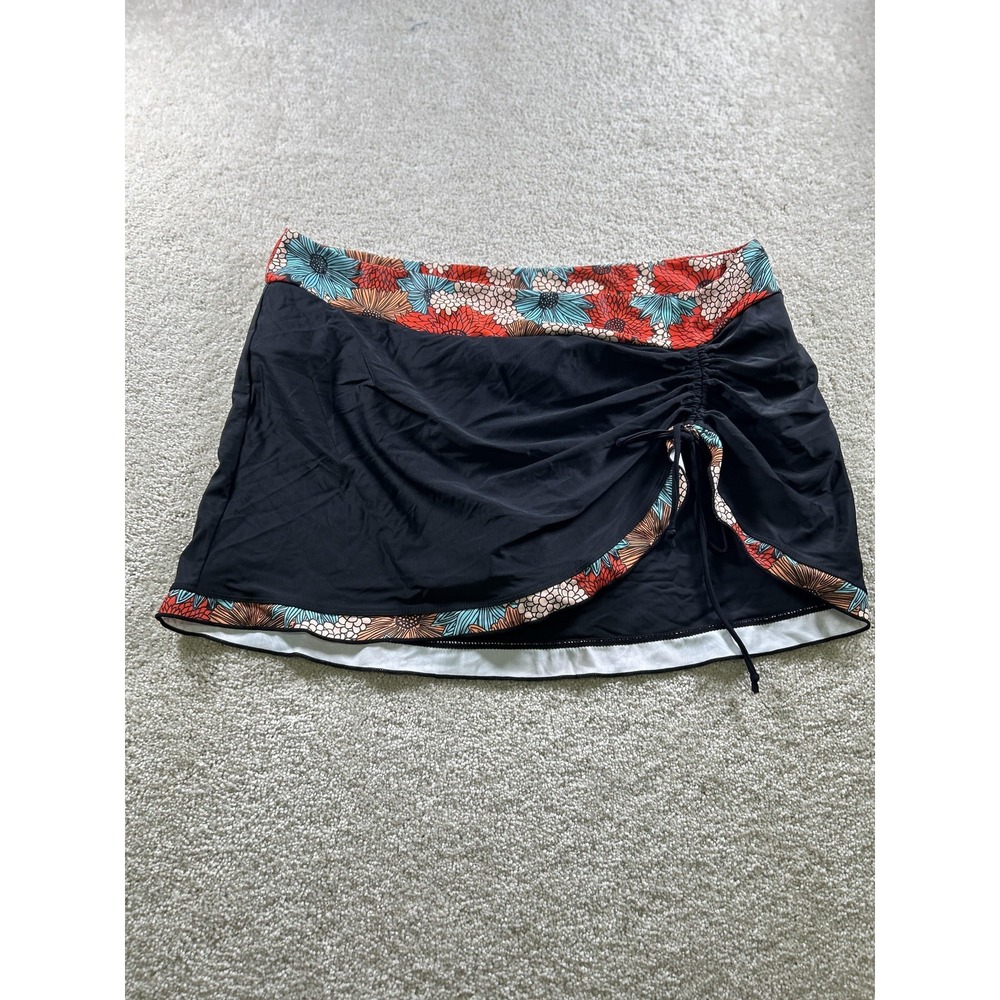 Swim Skirt Womens 2XL Black‎ Tropical Floral Ruched Drawstring Lined Bottom